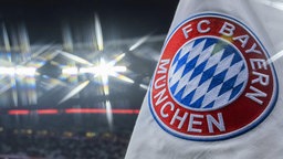Das Logo von FC Bayern München auf einer Fahne © imago 