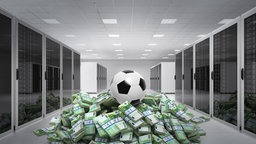 Ein Fußball liegt in einem Serverraum auf auf einem Berg von Geldscheinen. © fotolia/F.Schmidt, Phantermedia/maxxyustas 