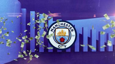 Ein Geldregen vor dem Wappen von Manchester City  